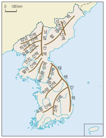 Mountain range map of the Korean peninsula