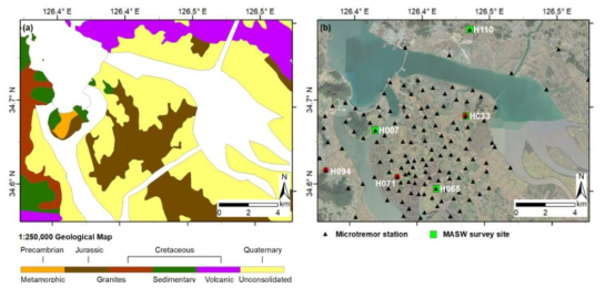 Geological map and distribution of seismic stations. (a) Geological map of the study area (modified from KIGAM (2020)). Yellow areas(unconsolidated) are mainly areas of man-made materials associated with the large-scale land reclamation project that began in the late 1980s. (b) Locations of 144 seismic stations where ambient noise measurements were recorded for HVSR (black triangles) and 4 MASW survey sites for shear-wave velocity characterization (green squares). Locations of three HVSR examples in Figure 2.4.8.15 are shown by red circles. NoteHN03 in Figure 2.4.8.15d (a hardrock site) is located outside the figure and is not shown