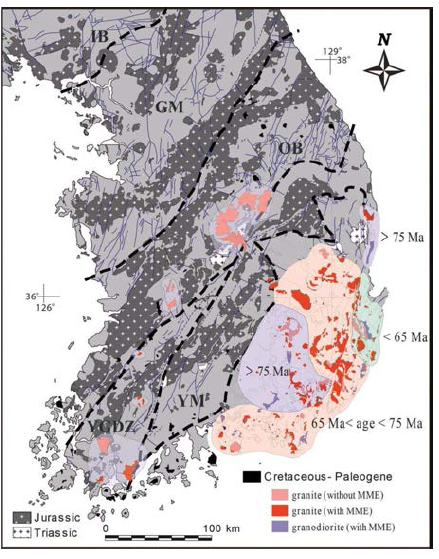 Distribution of the Phanerozoic granite and age map based on the zircon ages for the Cretaceous to early Tertiary granites with or without MMEs in South Korea (김종선 외, 2012)