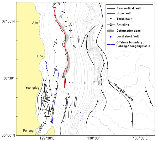 Geologic structures and the western boundary of the Pohang-Yeongdug Basin