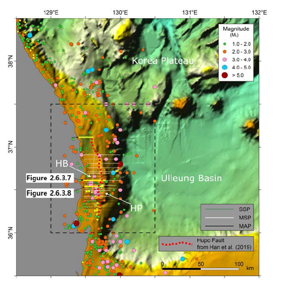 Detailed bathymetry of the middle eastern Korean margin overlain with the locations of high-resolution reflection seismic profiles. The seismic profiles that are referred to in the text are highlighted as thick lines and labeled with a figure number. The epicenters and magnitude of the earthquakes since 1982 are shown. The trace of the Hupo Fault is from Han et al. (2019). HB = Hupo Basin; HP = Hupo Bank. SSP, MSP, and MAP = single-channel sparker, multi-channel sparker, and multi-channel air gun profiles, respectively