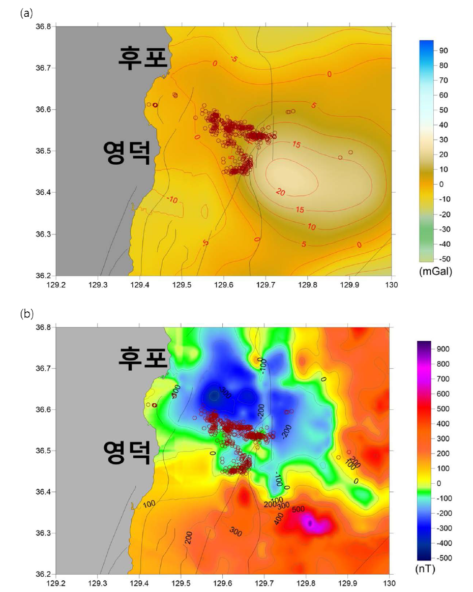 (a) Isostatic gravity anomaly map of Hupo Basin. The red open circles represent the epicenter of each earthquake. (b) Magnetic dipole anomaly map of Hupo Basin. The red open circles represent the epicenter of each earthquake