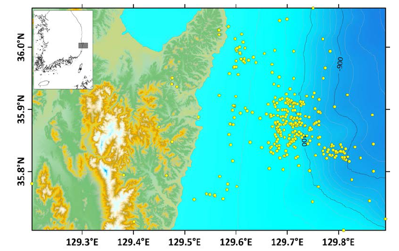 Distribution of earthquake epicenters in the Pohang-Gyungju offshore area between 18 October 2008 and 28 February 2021
