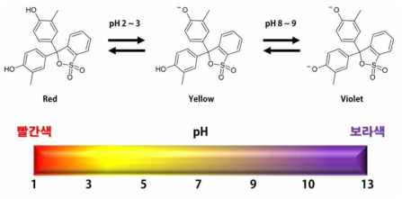 pH 변화에 따른 크레졸레드(cresol red, CR)의 화학구조 및 색변화