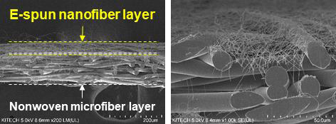 나노섬유/지지체 복합 필터 단면 모습