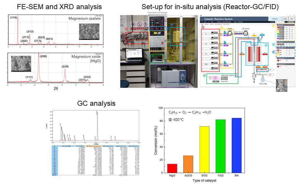 MgO 촉매 분석 결과 (FE-SEM, XRD) 및 파라핀 전환율 분석 결과 (GC/FID)