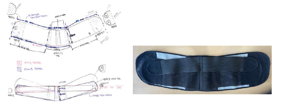 허리보호대 설계 도면(좌)과 제작된 허리보호대(우)