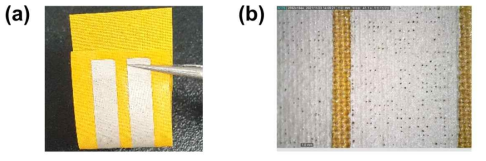 제작한 피부전도도센서의 (a) 디지털 이미지와 (b) 현미경 이미지