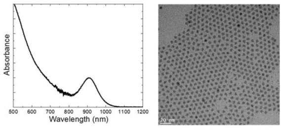 콜로이드상 PbS 양자점의 (좌)흡수스펙트럼 및 (우)투과전자현미경 사진