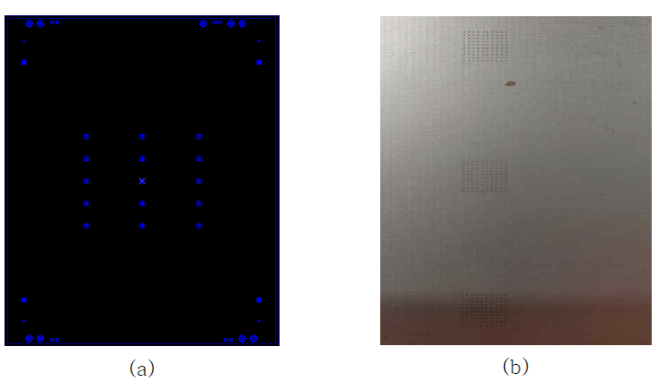 (a) 설계 cam data 및 (b) CO2레이저 드릴 후의 test PCB