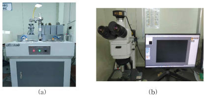 Via hole 단면관찰을 위한 (a)몰딩 연마장치, (b)광학 현미경