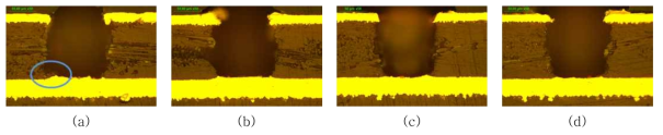 O2 가스 유량 변화에 따른 via hole의 단면 사진; (a)500 Sccm, (b)1000 Sccm, (c)1200 Sccm, (d)1500 sccm