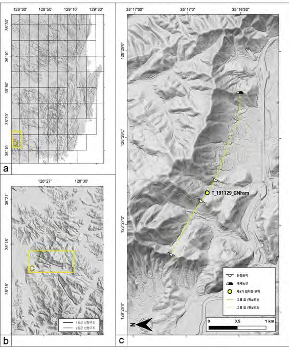(a) 모곡분절의 위치 (한반도 남동권, 1:100만 지질도 단층선 표시), (b) 모곡분절이 포함된 지역의 지형 및 선형구조 분포(그림(a)의 확대), (c) 모곡분절의 분포, 주요 조사지점의 위치