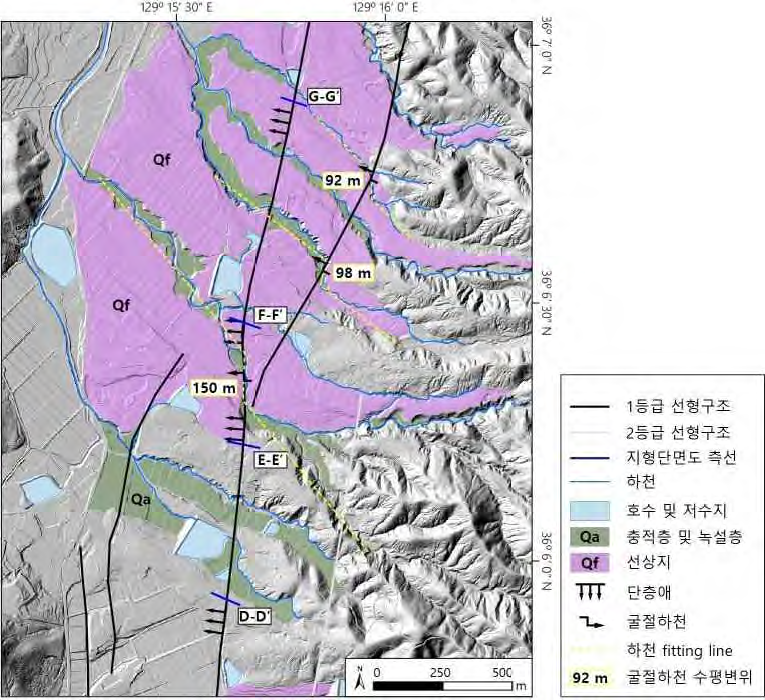 지형분류도 예시 1 (조사도엽 내 정밀조사구역이 존재할 경우, 해당 결과를 위 그림과 같이 제시. 선형구조 분포도의 1, 2등급 선형구조와 함께 제4기 지형면과 단층 관련 지형을 표현)