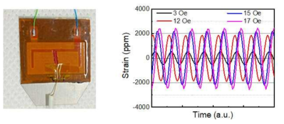 스트레인 게이지가 부착된 압전 하베스터 (좌) 및 입력 자기장에 따른 기계적 스트레인 (우)