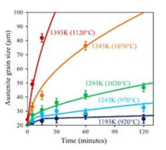 철강 합금에서 서로 다른 온도에서 시간에 따른 평균 결정립 크기 변화