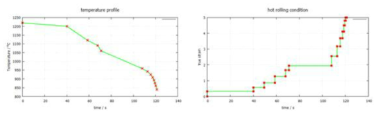 열간 압연을 모사하기 위한 온도 변화 및 제품 변형률