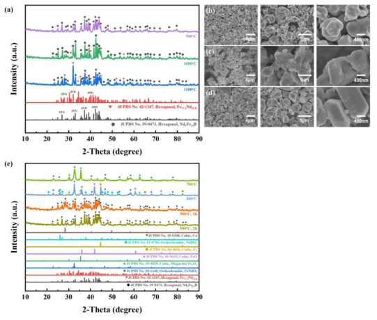 Fe : Nd = 85.57 : 14.43 at% 조성의 복합산화물을 이용하여 환원확산 공정 온도를 변화시킨 결과를 나타낸 (a) XRD 회절패턴 및 각각 (b) 900℃, (c) 1000o℃, (d) 1100℃에서 열처리를 수행한 Nd-Fe-B분말의 FE-SEM 이미지, (e) 저온에서의 열처리를 통해 Nd2Fe14B 단상이 합성되는 과정을 확인한 XRD 회절패턴