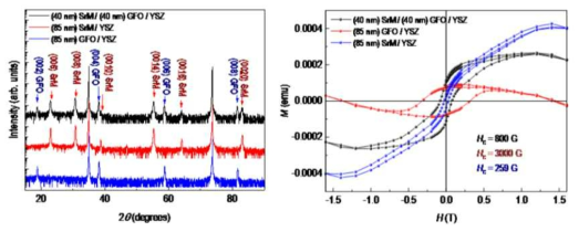 헥사페라이트-입실론산화철 접합 박막의 XRD 회절결과 및 M-H 그래프