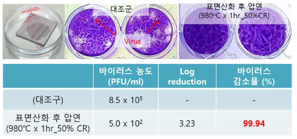 산화구리를 압연한 후의 바이러스 감소율