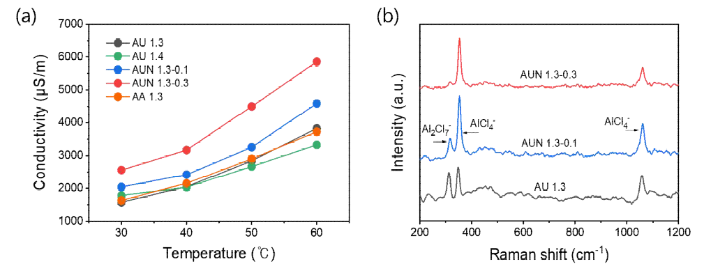 AU 1.3 용액 기반 NaCl 첨가에 따른 AUN 도금액의 (a) 온도에 대한 전기전도도, (b) Raman spectra