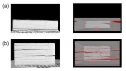 micro CT로 분석한 결함 비교 이미지 (a) 안정적인 적층 (b) 결함 발생