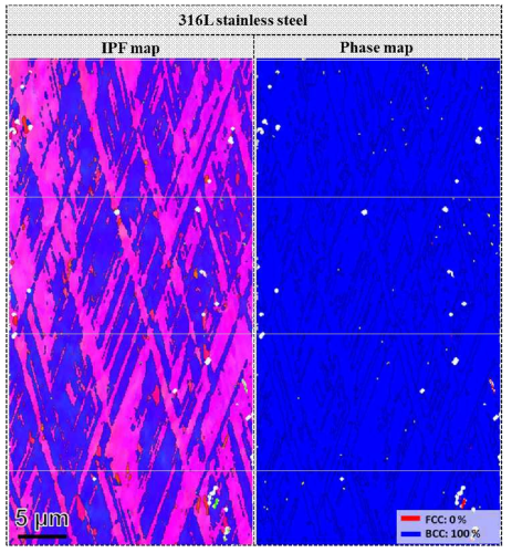 316L 합금의 6K 인장 시험 후 EBSD 분석 결과