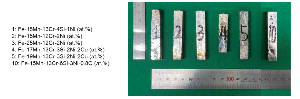 철계 신합금 설계 조성 및 lab scale 시편의 사진