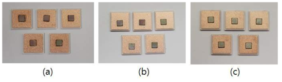 3종 접합 소재를 적용한 전단 강도 측정 샘플 사진 (a)PbSn Preform (b)Ag sintering paste (c )Cu sintering paste