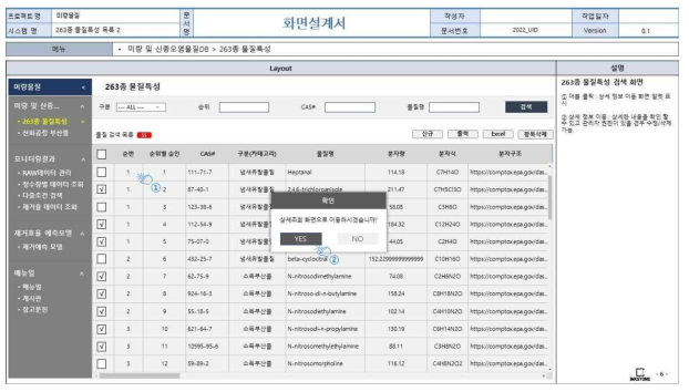 웹 기반 DB 구축 화면정의서(263종 신종미량물질 물질특성 상세조회 이동)