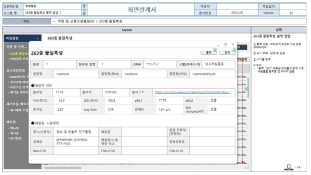 웹 기반 DB 구축 화면정의서(263종 신종미량물질 물질특성 출력 팝업창(1))