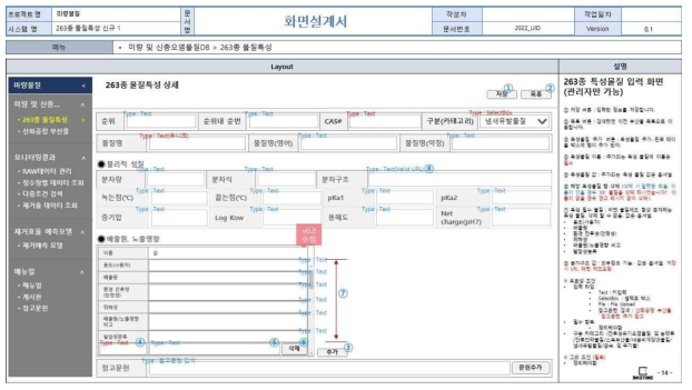 웹 기반 DB 구축 화면정의서(263종 신종미량물질 물질특성 관리자용 입력 화면(1))