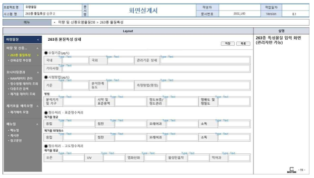 웹 기반 DB 구축 화면정의서(263종 신종미량물질 물질특성 관리자용 입력 화면(2))