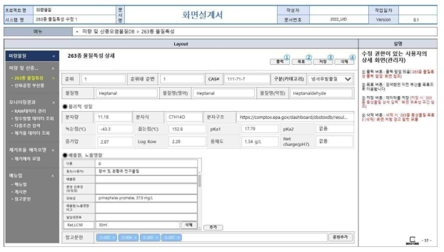 웹 기반 DB 구축 화면정의서(263종 신종미량물질 물질특성 관리자용 입력 화면(4))