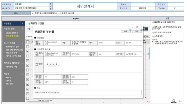 웹 기반 DB 구축 화면정의서(산화공정 부산물 DB 출력 팝업 화면(1))