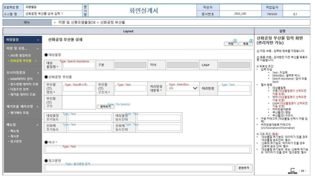 웹 기반 DB 구축 화면정의서(산화공정 부산물 DB 관리자 입력 화면(1))