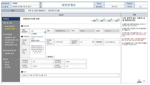 웹 기반 DB 구축 화면정의서(산화공정 부산물 DB 관리자 수정 기능(1))