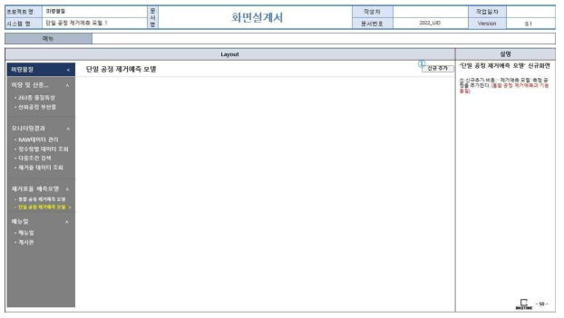 웹 기반 DB 구축 화면정의서(단일공정 제거예측 모델 초기화면)