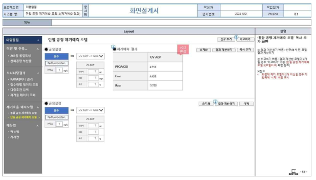 웹 기반 DB 구축 화면정의서(단일공정 제거예측 모델 시뮬레이션 결과가 있는 상태에서 단일공정 시뮬레이션 추가)