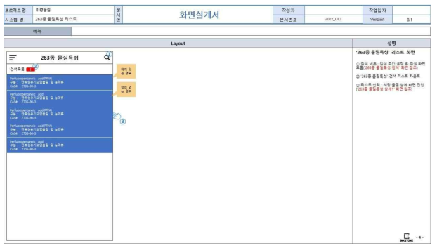 앱 기반 DB 구축 화면정의서(263종 신종미량물질 물질특성 리스트 화면)