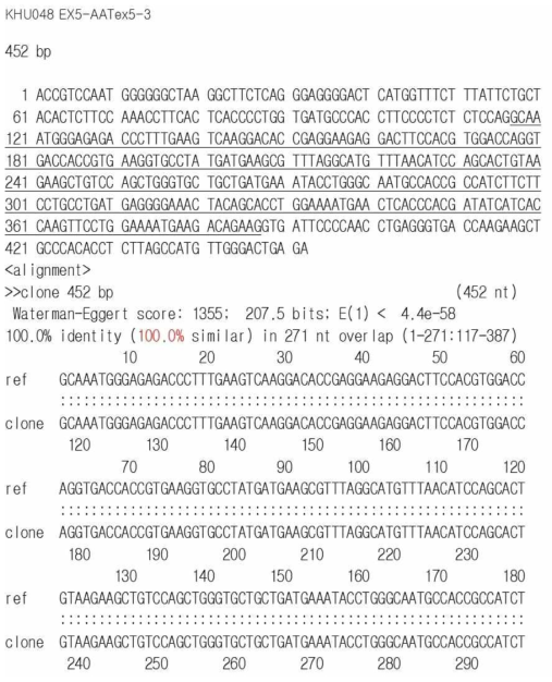 COPD 환자의 AAT exon 5번 염기서열 분석. reference 유전자와 100% 일치함