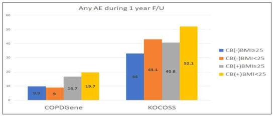 Incidence of exacerbation according to presence of chronic bronchitis and BMI