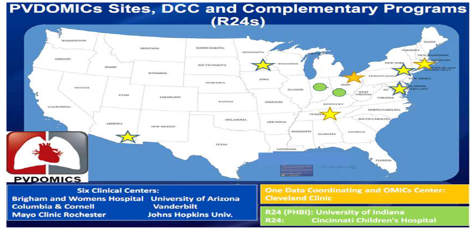 미국의 NIH에서 지원받아 진행 중인 6개 기관 (별표 표시)으로 이루어진 폐동맥고혈압 연구를 위한 pulmonary vascular disease omics (PVDomics)