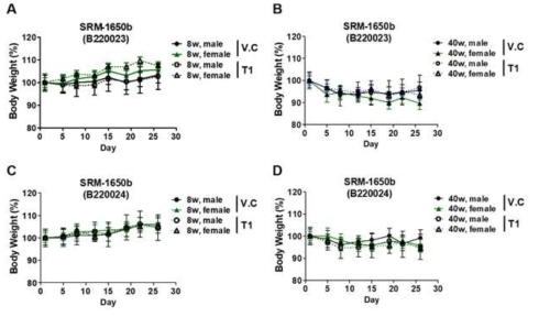 표준 미세먼지 투여에 따른 마우스 무게 변화. 무게 변화를 8주령(A, C), 40주령(B,D)으로 나누어 확인함. B220023과 B220024는 동일 반복 시험. [V.C: vehicle control, T1: treatment1]