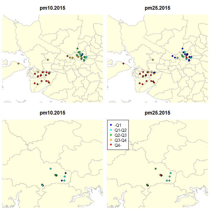 91명 환자 주소지에 예측된 미세먼지 및 초미세먼지 2015년 평균농도 지도