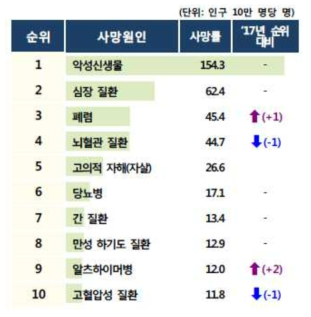 2018년 국내 10대 사망순위 및 사망률