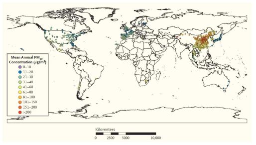 미세먼지 PM10의 도시별 분포 (N Engl J Med:2019:381;705-715)
