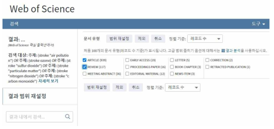 Web of Science 플랫폼에서의 유관 문헌 탐색 예시: 문서 유형