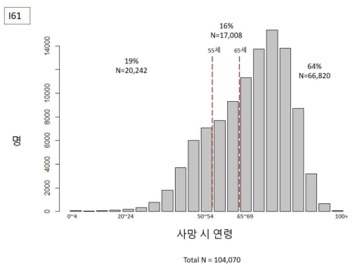 뇌내출혈 사망자의 사망 시 연령 분포