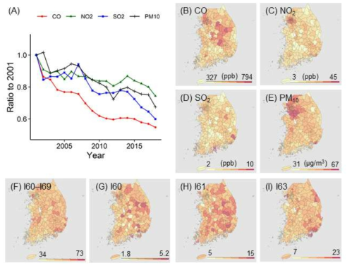 국내 대기오염의 시간적 (A), 공간적 (B-E) 분포와 뇌혈관질환 사망률 (F, I60-I69), 지주막하출혈 사망률 (G, I60), 뇌내출혈 사망률 (H, I61), 뇌경색 사망률 (I, I63)의 공간적 분포도